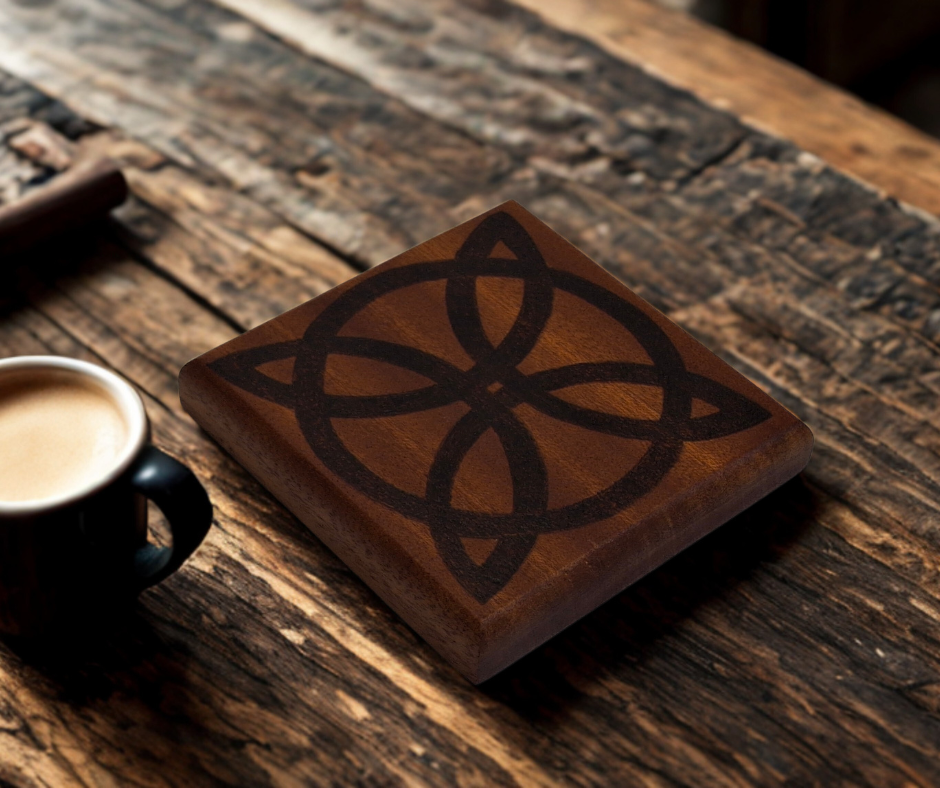 Sapele coaster with Celtic pattern burnt into the wood