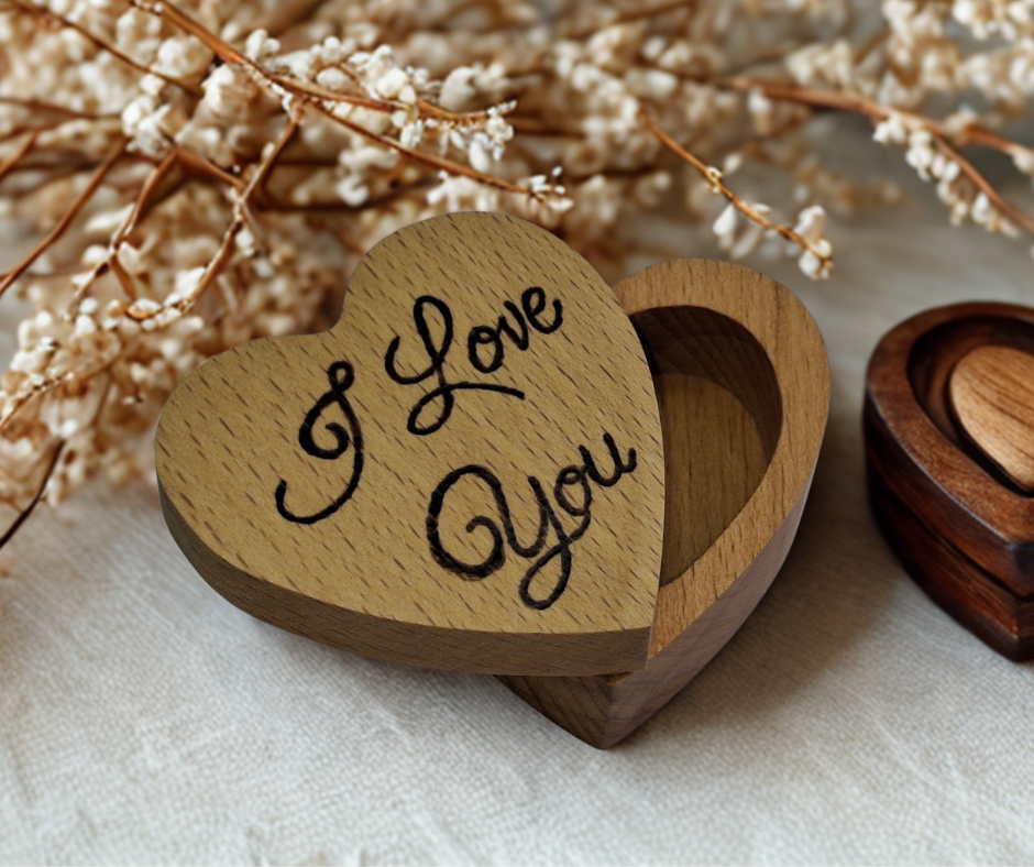 Hand-burnt heart-shaped ring box featuring "I Love You" on its swivel lid, perfect for a heartfelt gift
