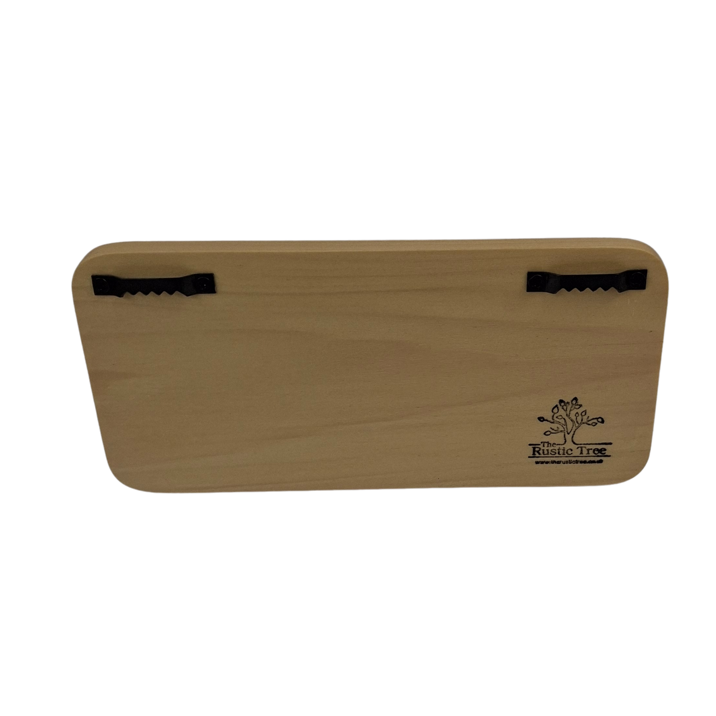 Rear of plaque in light wood, 2 sawhooks for hanging Rustic Tree Logo