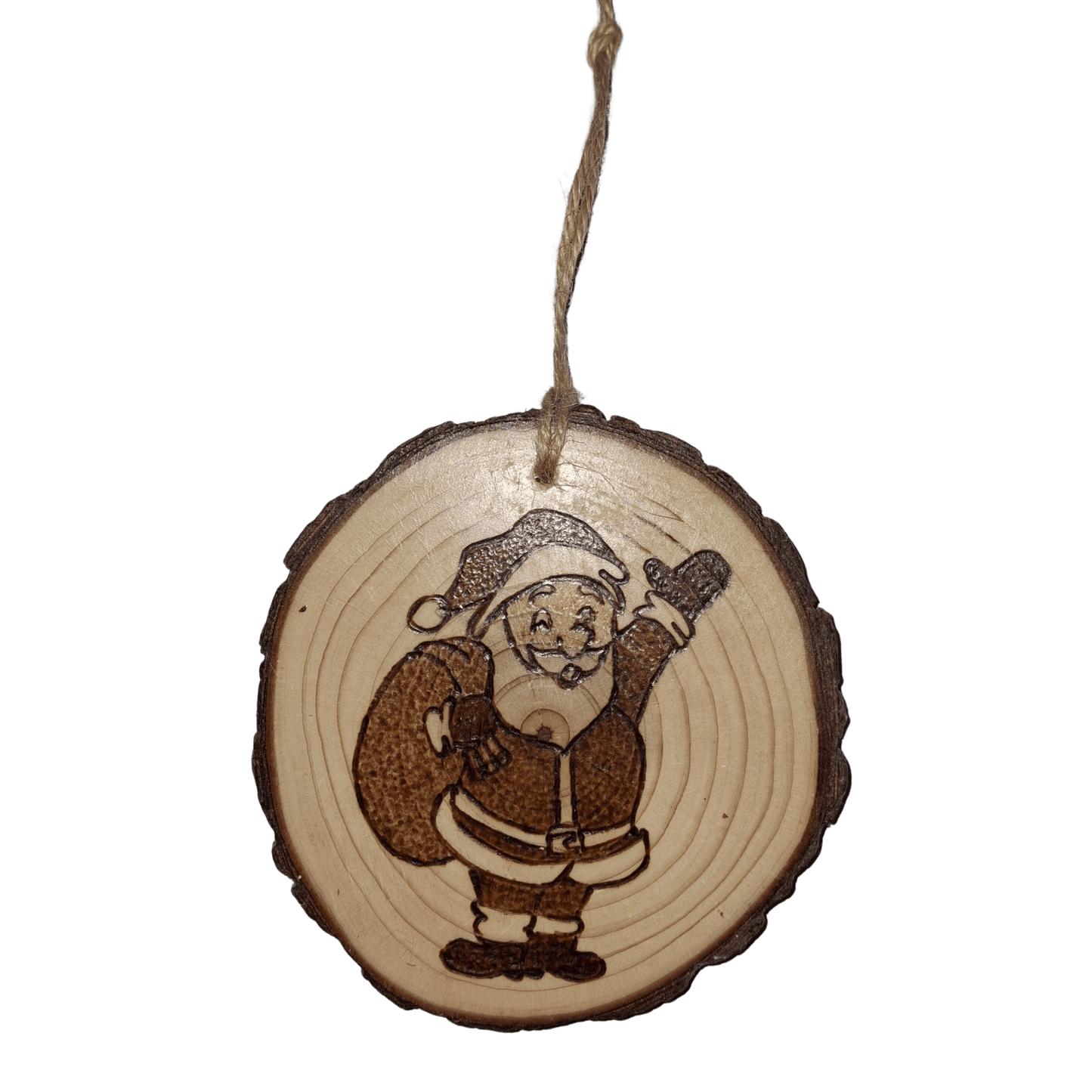 hanging log slice decoration with a handburnt image of Santa waving