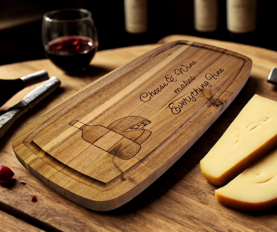 A multicolored, hand-decorated pyrography chopping board with the words "Cheese and Wine Makes Everything Fine," illustrated with a bottle of wine and a partial wheel of cheese