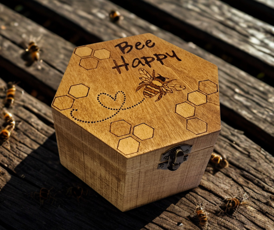 Box with "Bee Happy" a picture of a bee, leaving a heart trail and hexagons, burnt into the wood