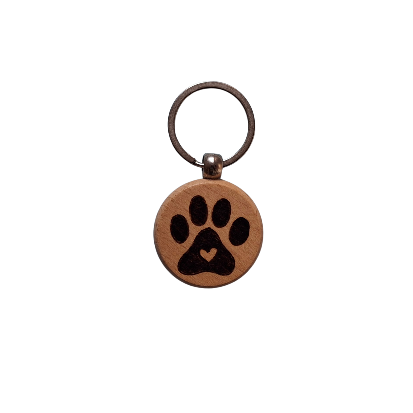 Round beechwood keyring with paw print and heart pyrography design and chrome split ring
