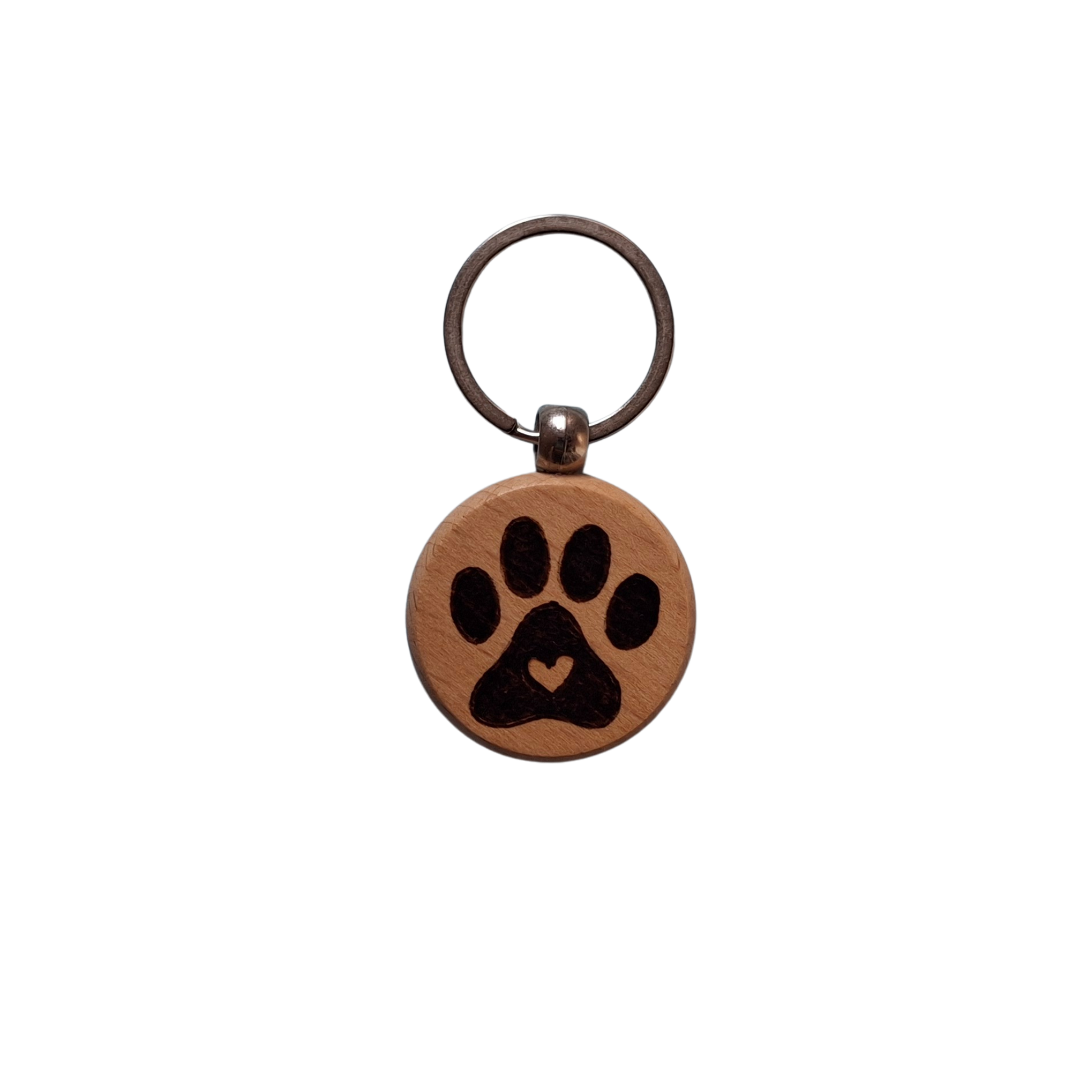 Round beechwood keyring with paw print and heart pyrography design and chrome split ring