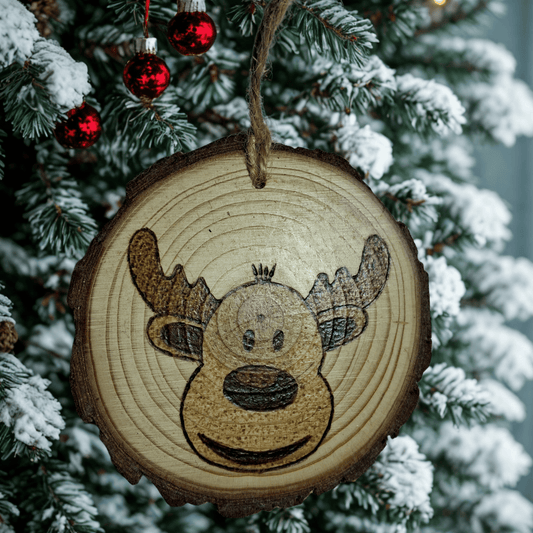 
A close-up of a Christmas ornament on a black background. The ornament is a round wooden log slice with a jute rope for hanging. The front of the ornament is decorated with a pyrography design of a smiling cartoon reindeer with large antlers.
