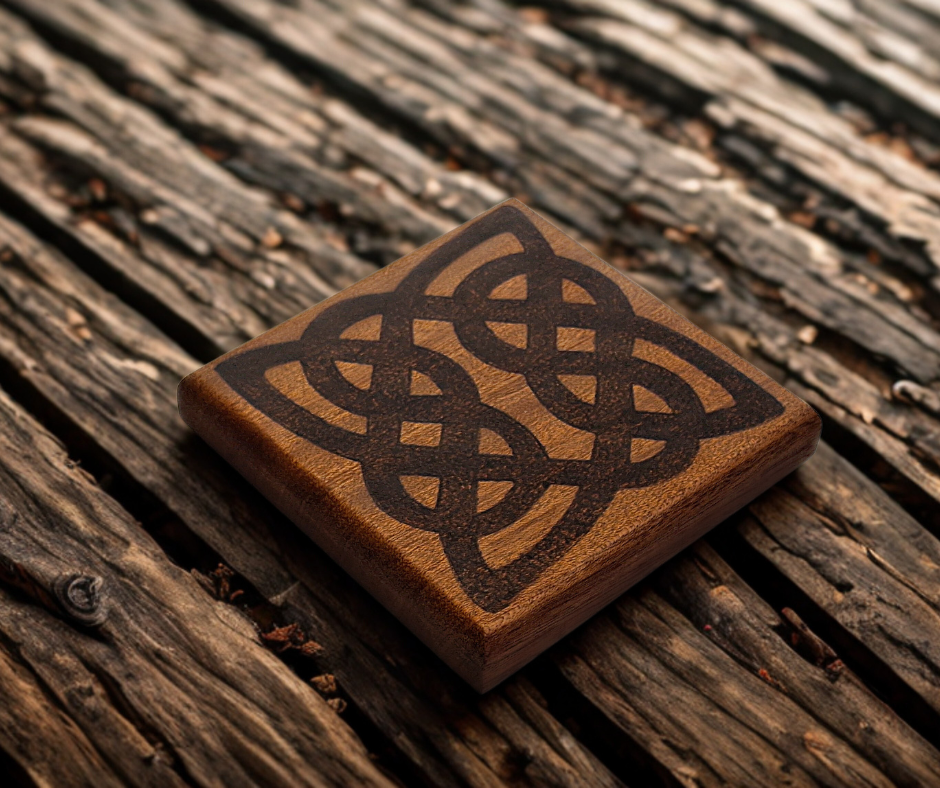 Sapele coaster with Celtic pattern burnt into the wood