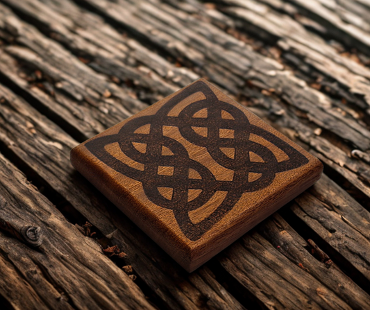 Sapele coaster with Celtic pattern burnt into the wood