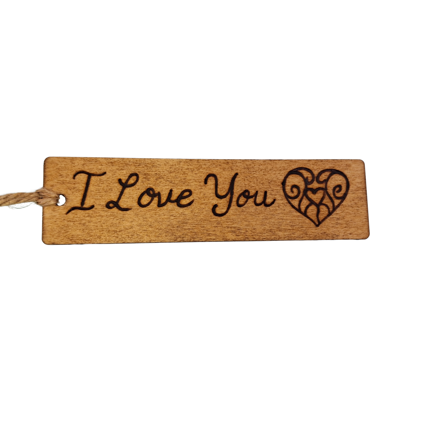 Dark wood bookmark with "I love you" pyrography and a patterned heart illustration.