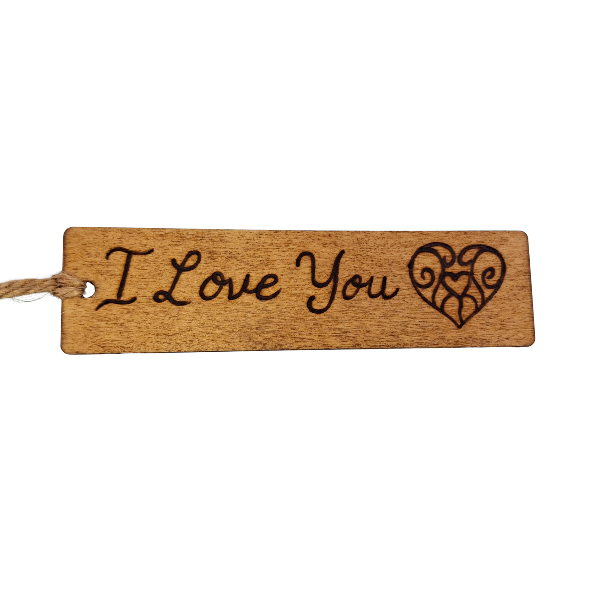 Dark wood bookmark with "I love you" pyrography and a patterned heart illustration.