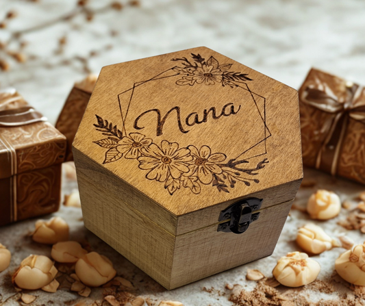 Wooden hexagonal box with "Nana" and a frame with flowers burnt not the wood