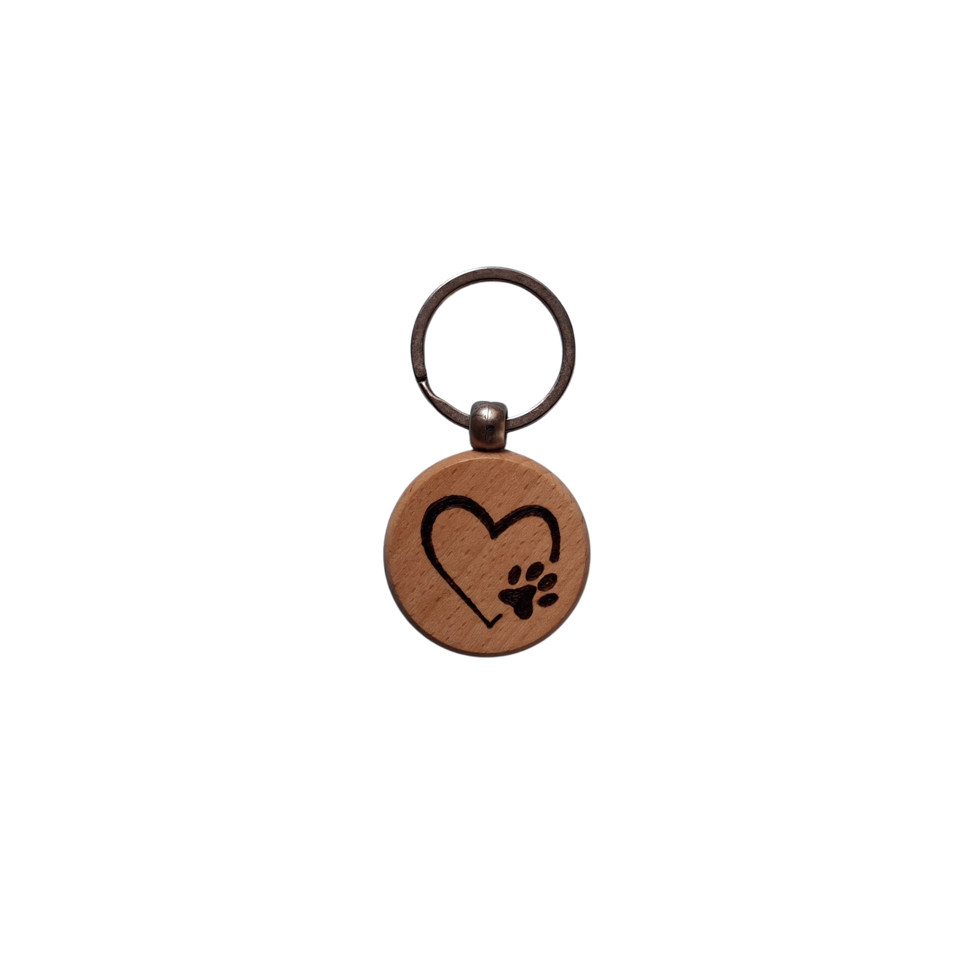 Round beechwood keyring with heart and paw print pyrography design and chrome split ring