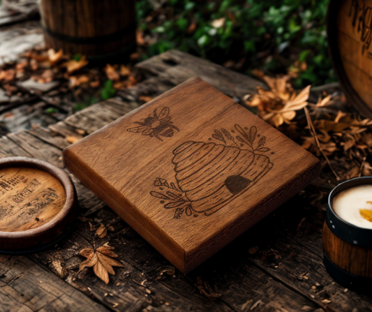 Sapele coaster with chamfered edges with a bee flying over a hive design burnt in