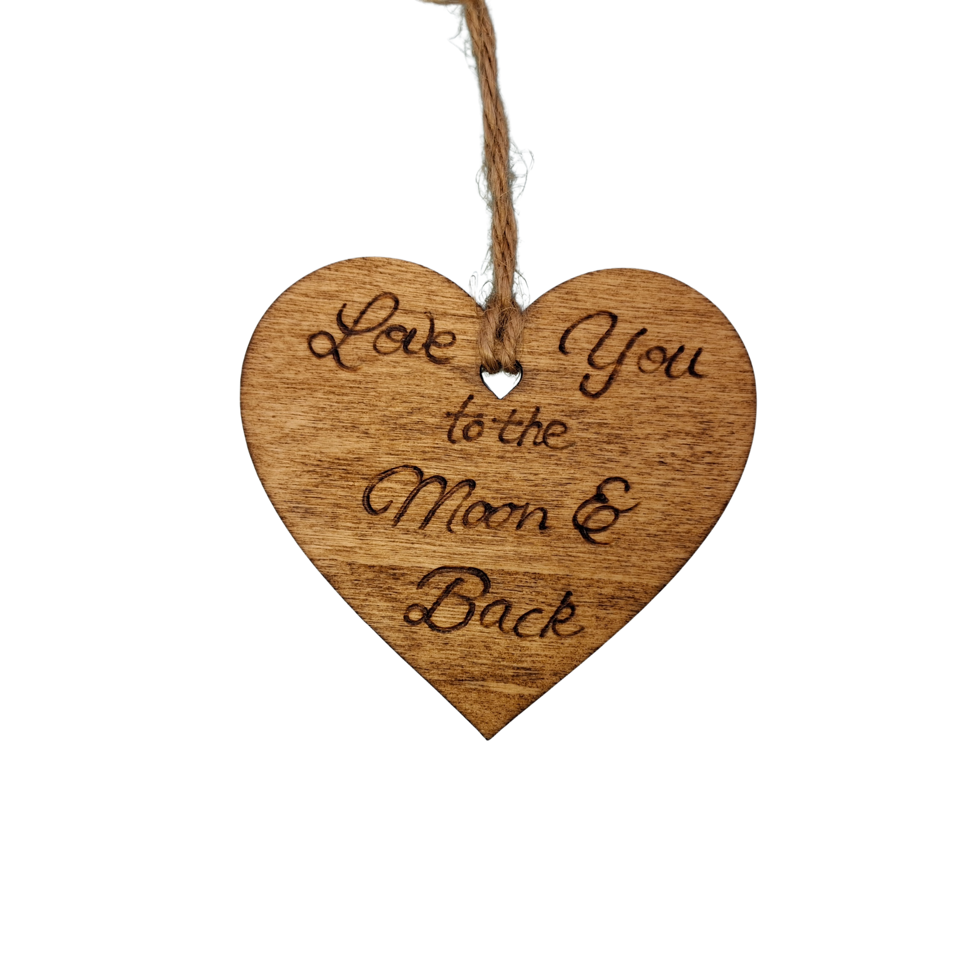 Wooden heart-shaped ornament with 'Our New Home' engraved text and natural jute string for hanging