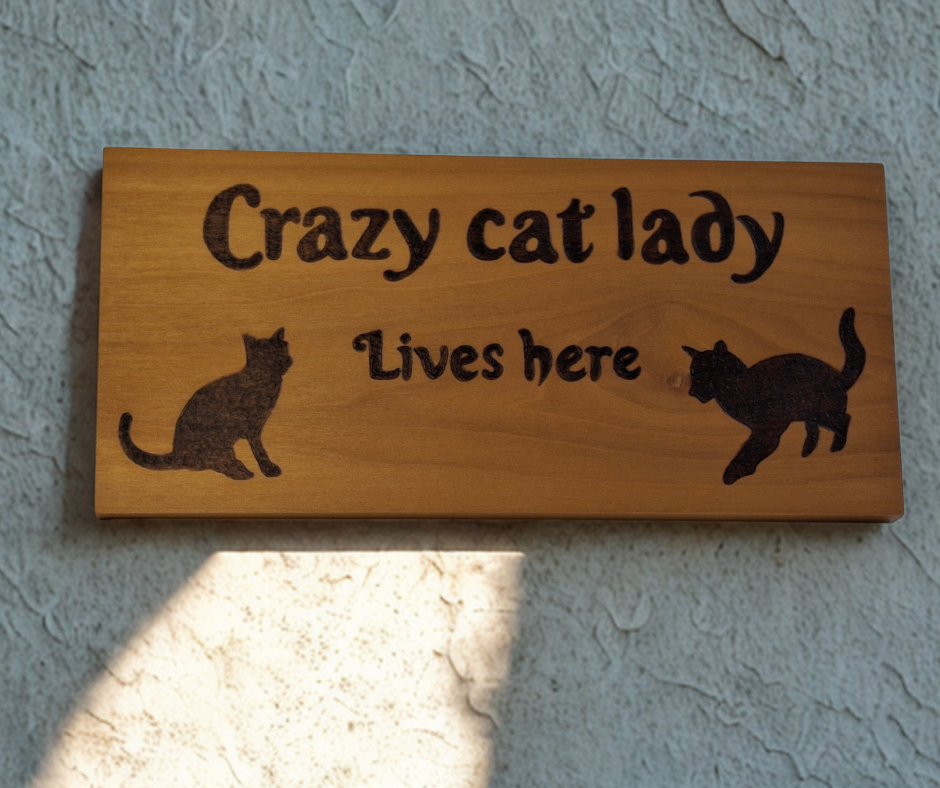 Decorative wooden plaque for cat enthusiasts, intricately hand-decorated with "Crazy Cat Lady Lives Here" lettering and two distinct cat silhouettes.