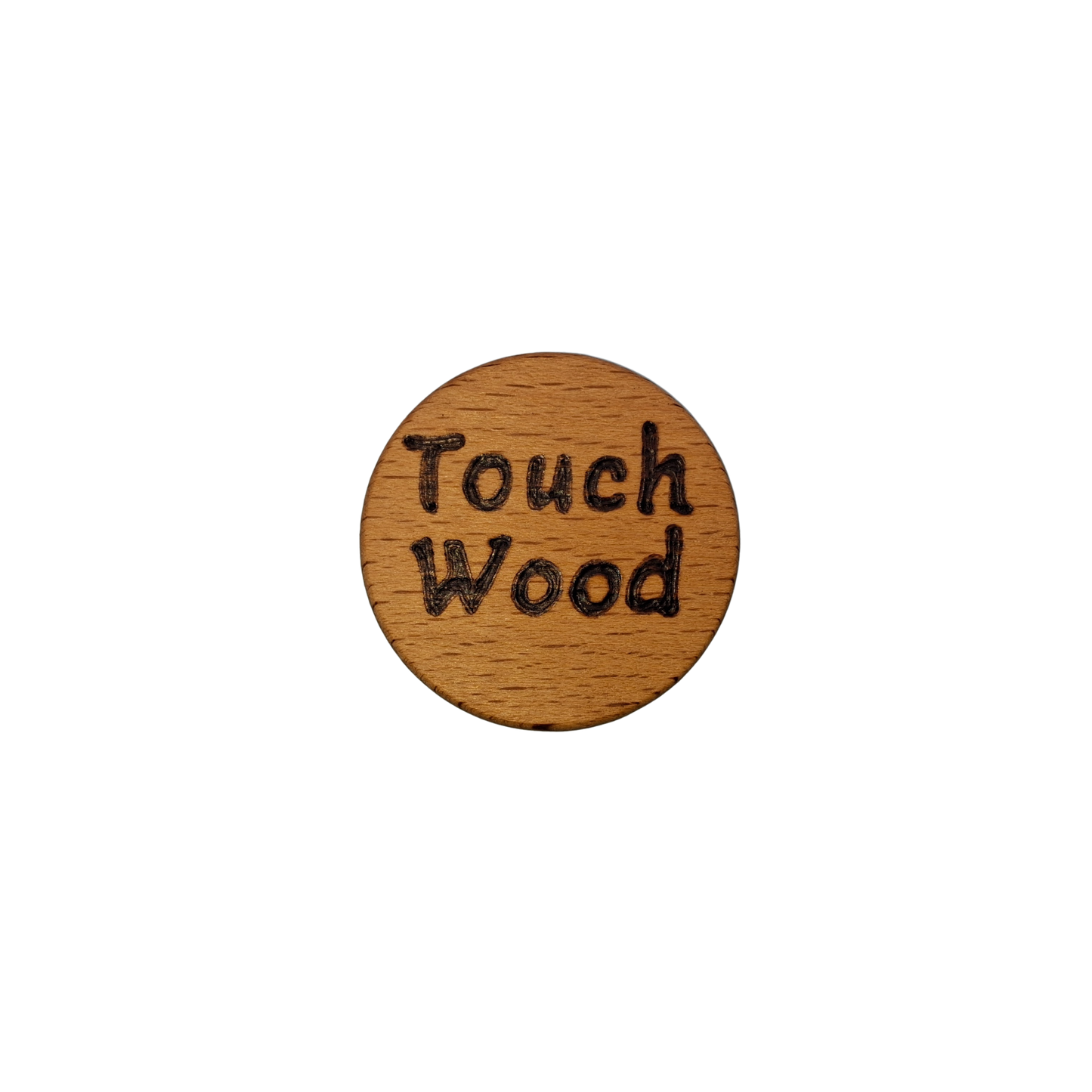 Close-up of a light-colored beechwood circle, 5cm in diameter and 0.4cm thick, featuring the words "Touch Wood" hand-burned into its surface using pyrography. The wood has a smooth, waxed finish and the text is clearly legible.