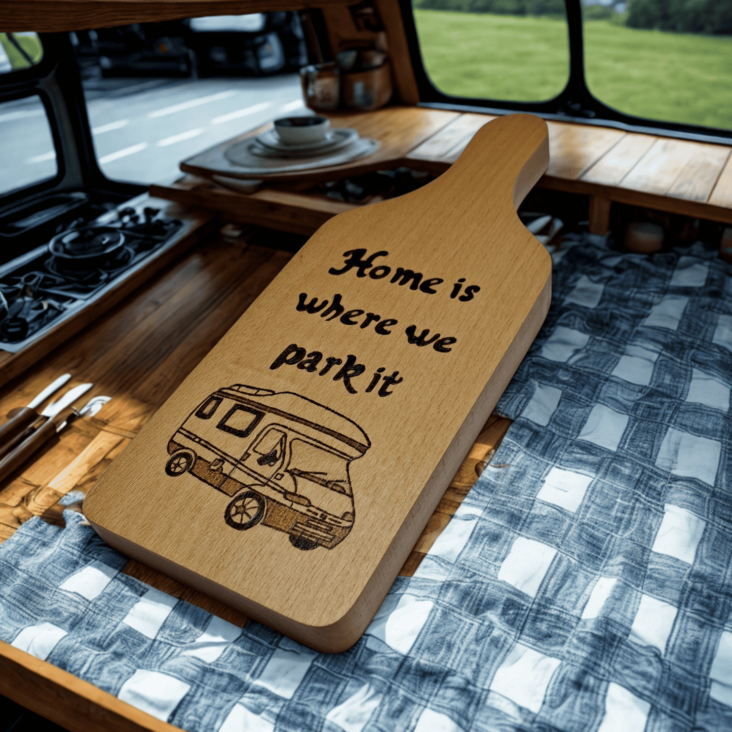 Home is where we park it Beechwood chopping board