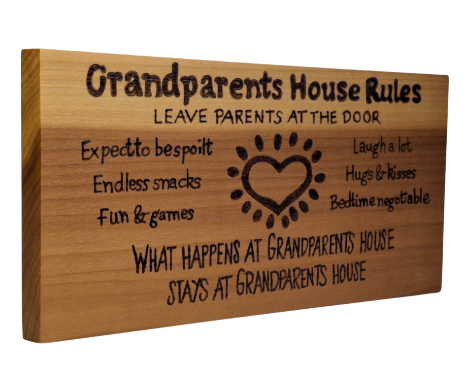 Decorative wooden plaque for grandparents, intricately hand-decorated with "Grandparents House Rules" and a heart-shaped design outlining adorable family guidelines