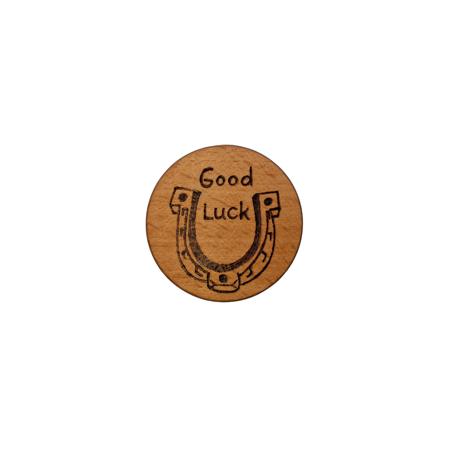 Close-up of a light-colored beechwood circle, 5cm in diameter and 0.4cm thick, featuring the words "Thank You" hand-burned into its surface using pyrography. The wood has a smooth, waxed finish and the text is clearly legible.