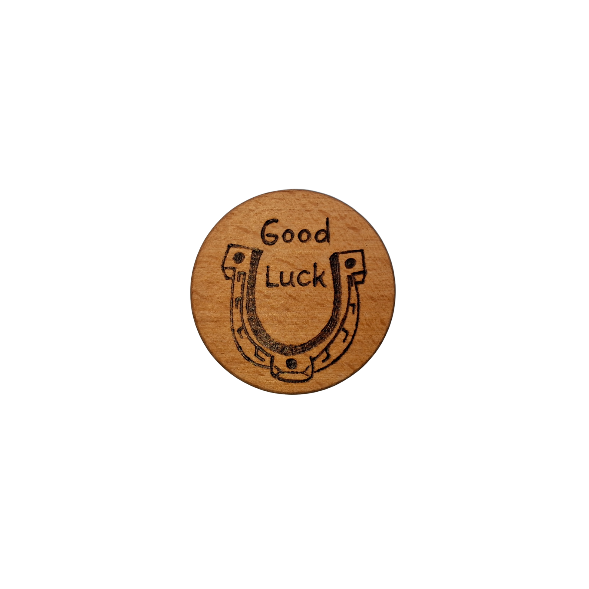 Close-up of a light-colored beechwood circle, 5cm in diameter and 0.4cm thick, featuring the words "Thank You" hand-burned into its surface using pyrography. The wood has a smooth, waxed finish and the text is clearly legible.