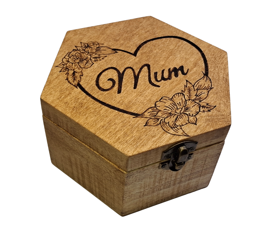 Box with "Mum" in a heart shaped frame with flowers burnt into the top of the box