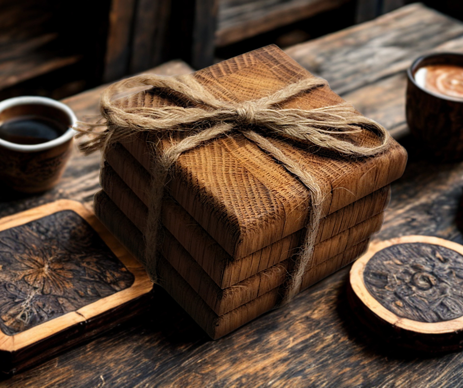 4 oak, end grain coasters with a chamfered edge, bound together with plated Jute rope