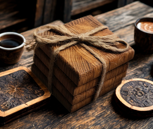 4 oak, end grain coasters with a chamfered edge, bound together with plated Jute rope