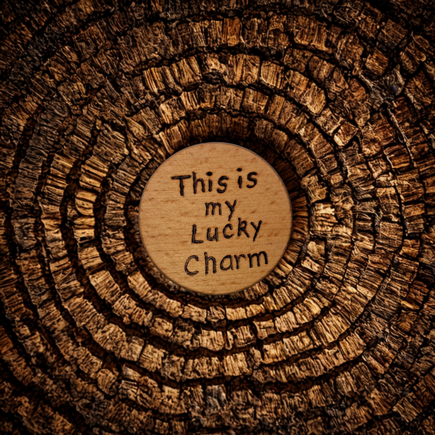 Close-up of a light-colored beechwood circle, 5cm in diameter and 0.4cm thick, featuring the words "This is my Lucky charm" hand-burned into its surface using pyrography. The wood has a smooth, waxed finish and the text is clearly legible.