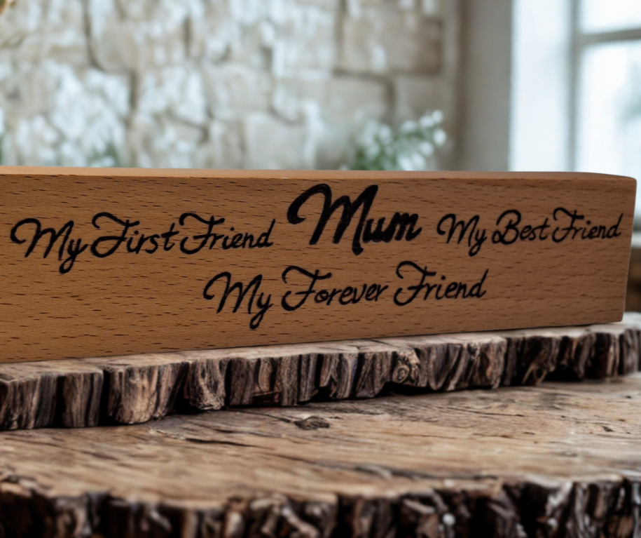 A hand-burnt, freestanding wooden plaque with the words "My first friend Mum My best friend My forever friend" in a casual, handwritten style. The wood has visible grain and a rustic, natural finish.