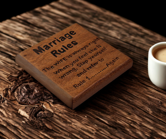 Sapele coaster with chamfered edges inscription "Marriage Rules" and some funny rules burnt in