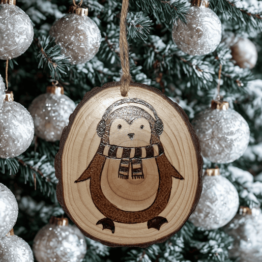 Penguin with headphones Log slice tree decoration