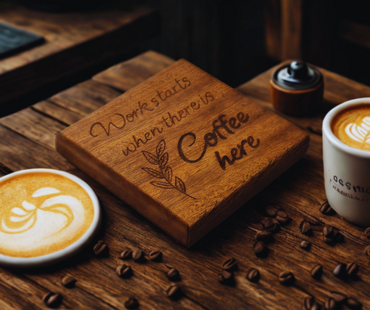 Sapele coaster with chamfered edges inscription "Work starts when there is coffee here" burnt in