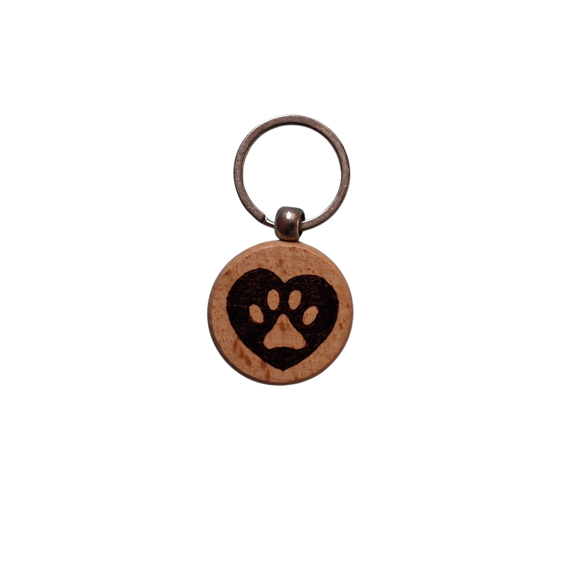 Round beechwood keyring with heart-shaped paw print pyrography design and chrome split ring