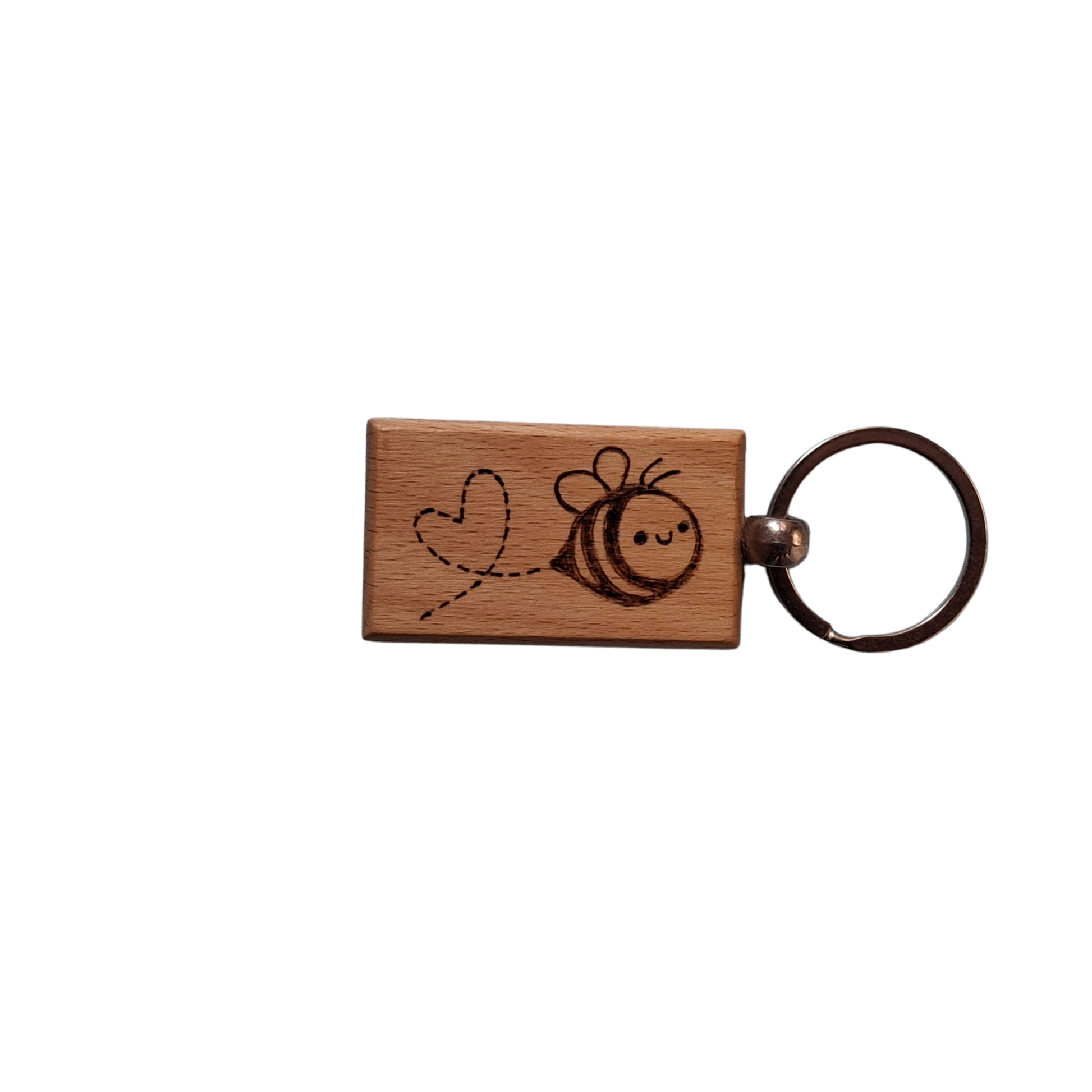 Rectangle beechwood keyring with cute bee and heart trail pyrography design and chrome split ring"