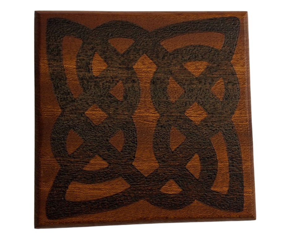 Sapele coaster with Celtic pattern burnt into the wood