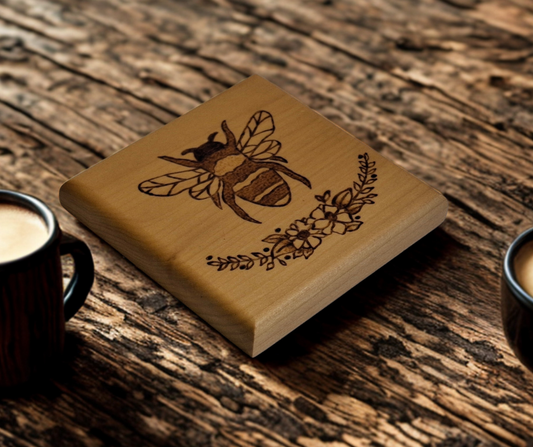Tulipwood coaster with a picture of a bee on top of a half flower wreath