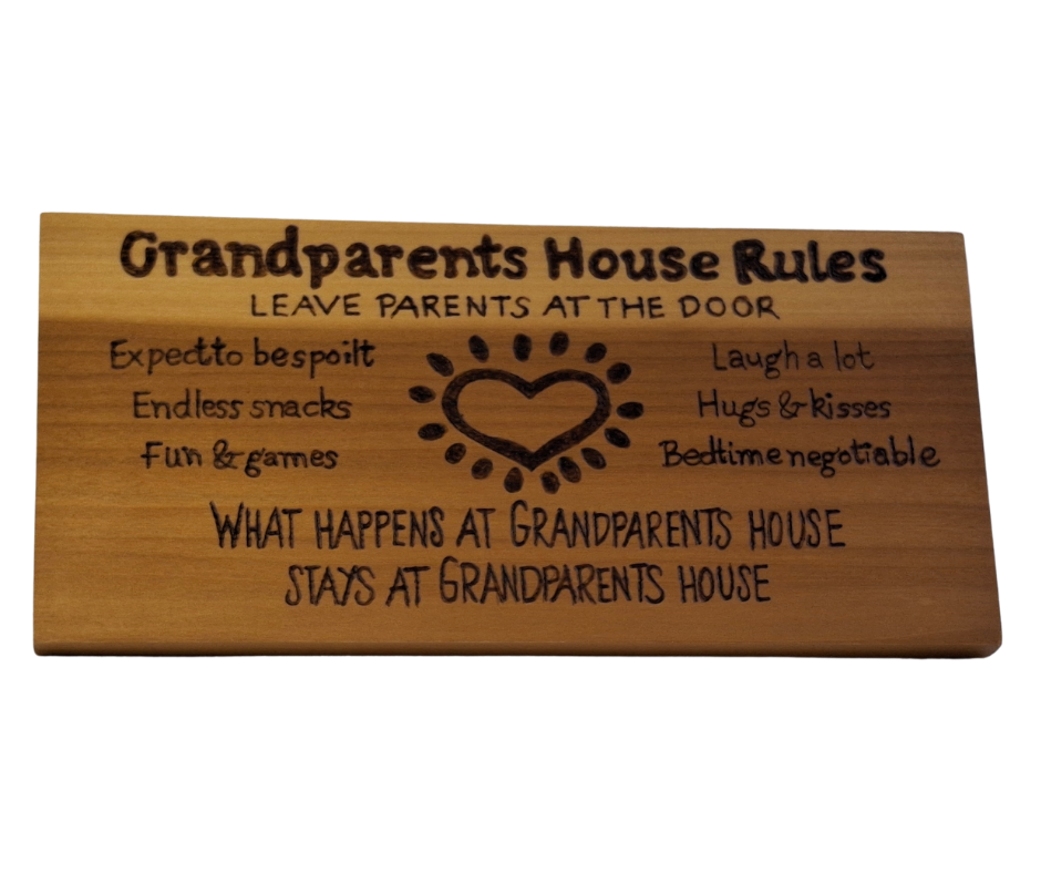 Decorative wooden plaque for grandparents, intricately hand-decorated with "Grandparents House Rules" and a heart-shaped design outlining adorable family guidelines