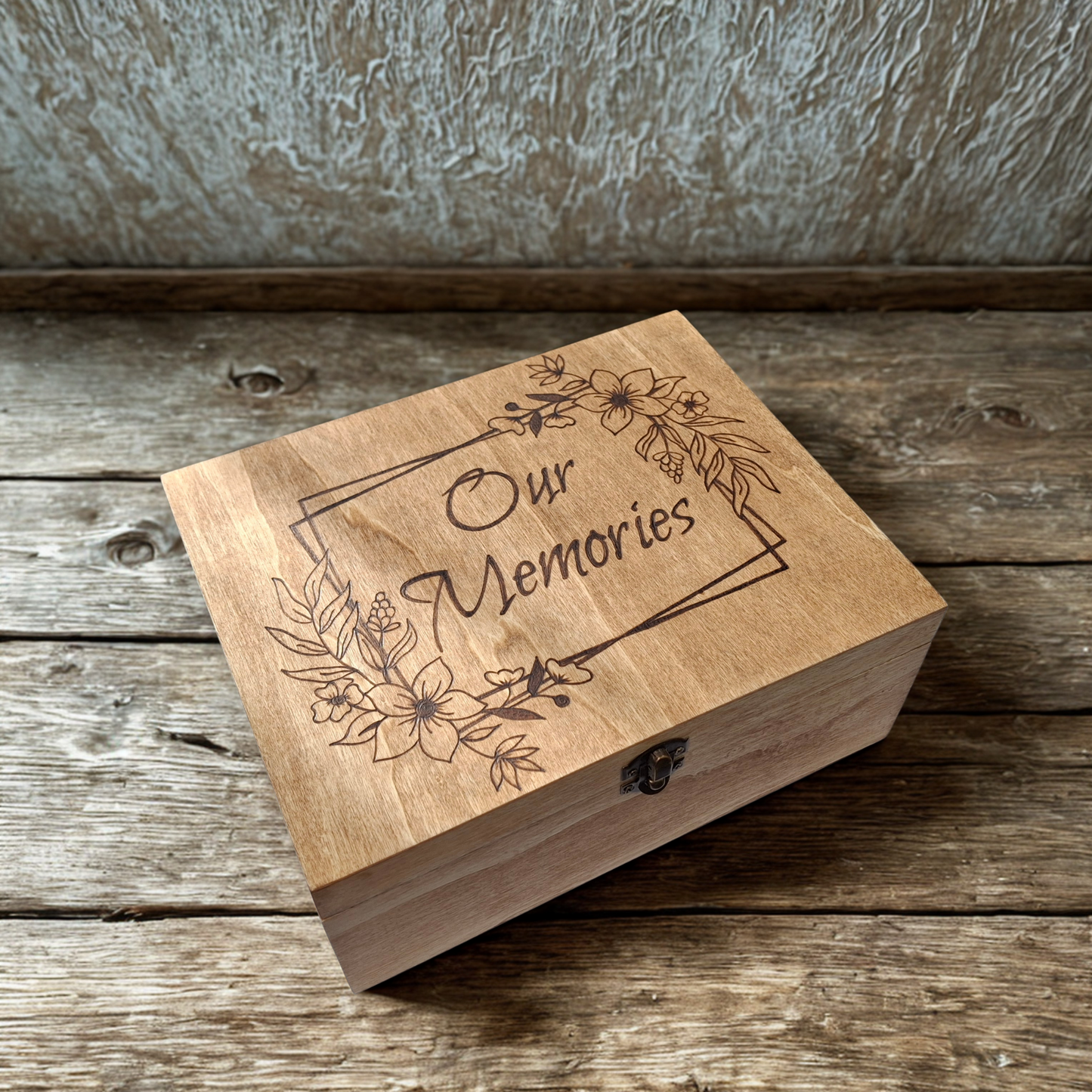 Wooden box with hand burnt floral design and "Our Memories "