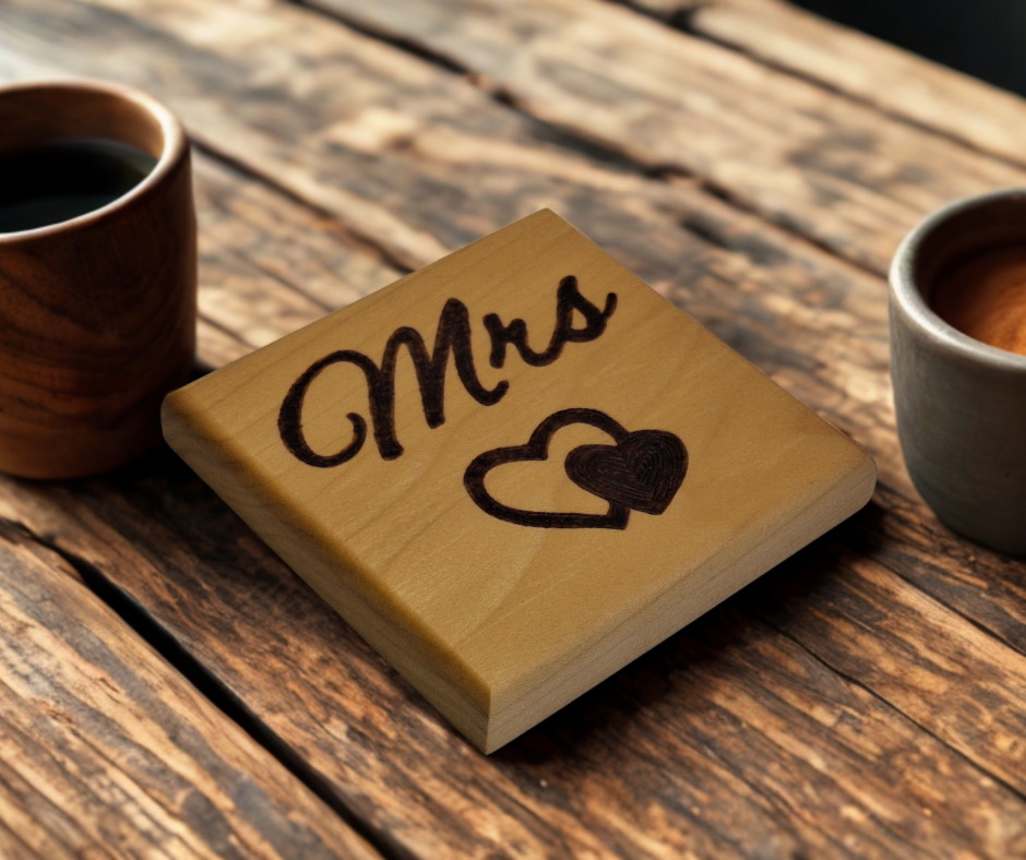 Tulipwood coaster with chamfered edges inscription "Mrs" with a decorative double heart on the bottom burnt in