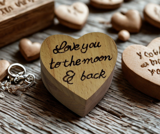 Small, heart-shaped wooden ring box with a swivel lid, hand-decorated with "Love You to the Moon and Back" pyrography