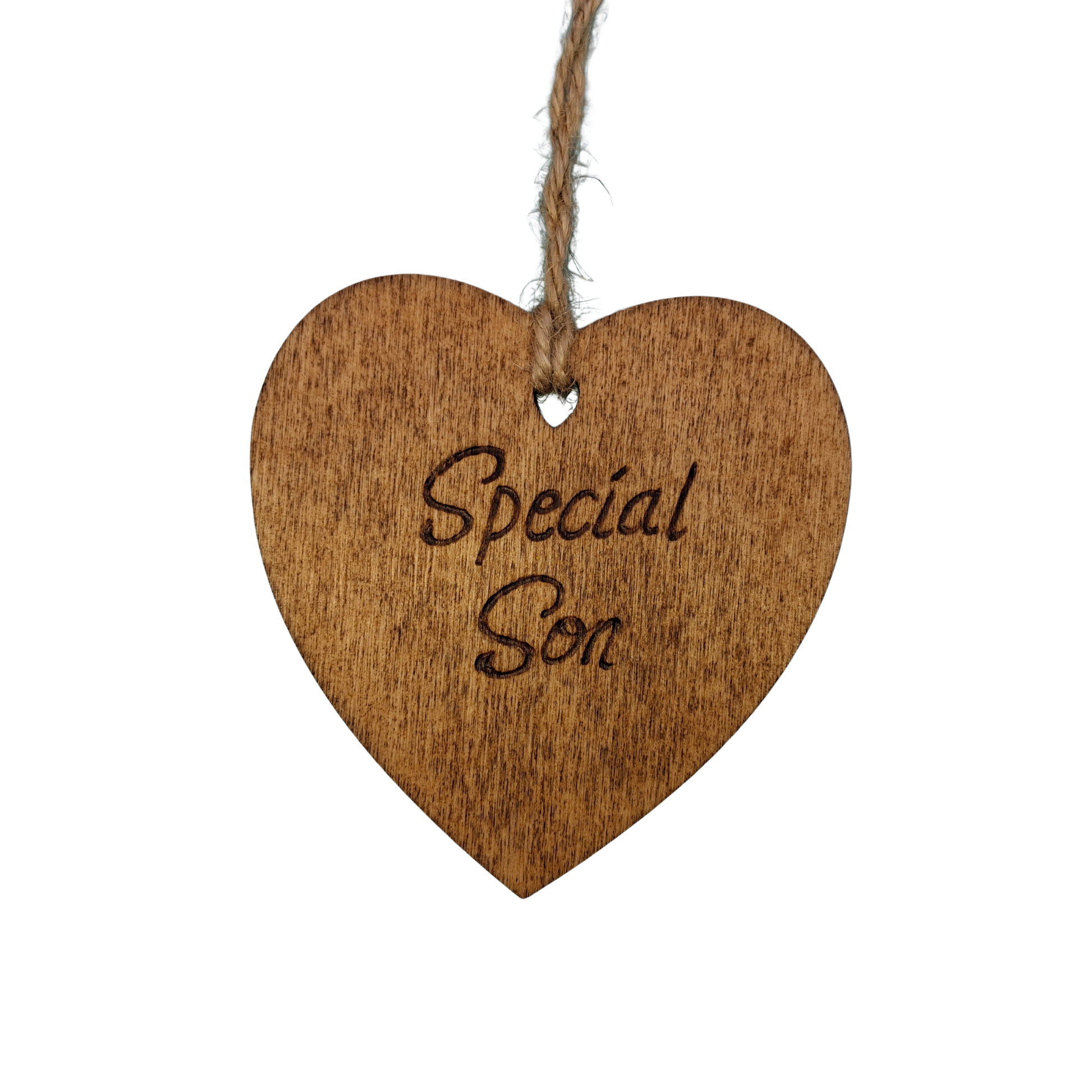 A small, possibly 8cm by 8cm, light-colored wooden heart, decorated with "18th" hand-burned into its surface using pyrography. A short length of natural jute rope is tied through the top for hanging.