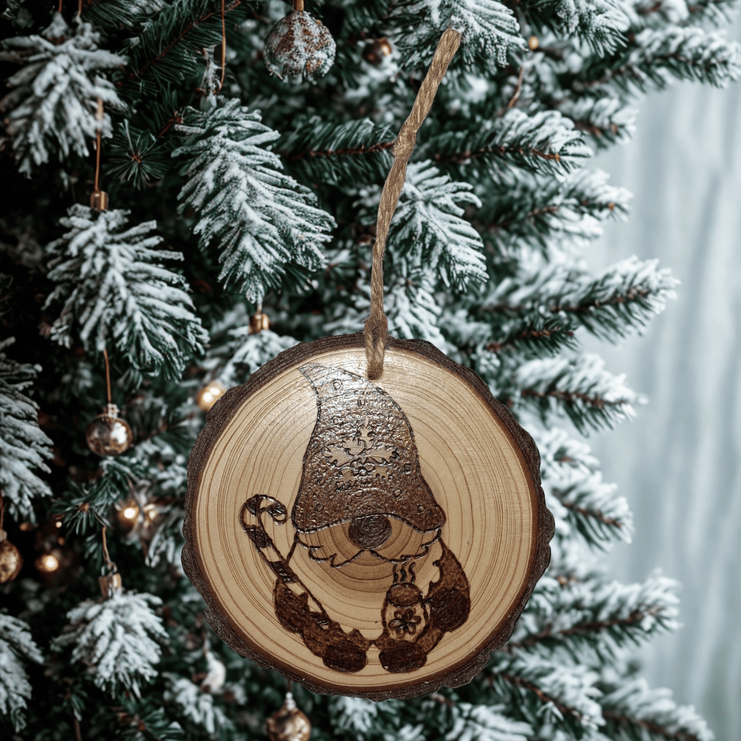 Gonk with candy cane Log slice tree decoration