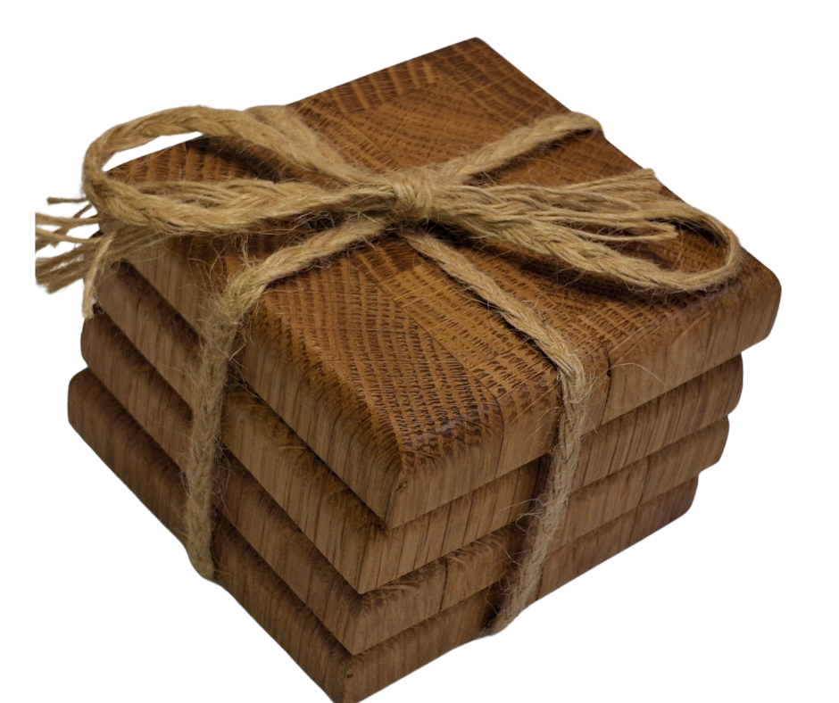 4 oak, end grain coasters with a chamfered edge, bound together with plated Jute rope