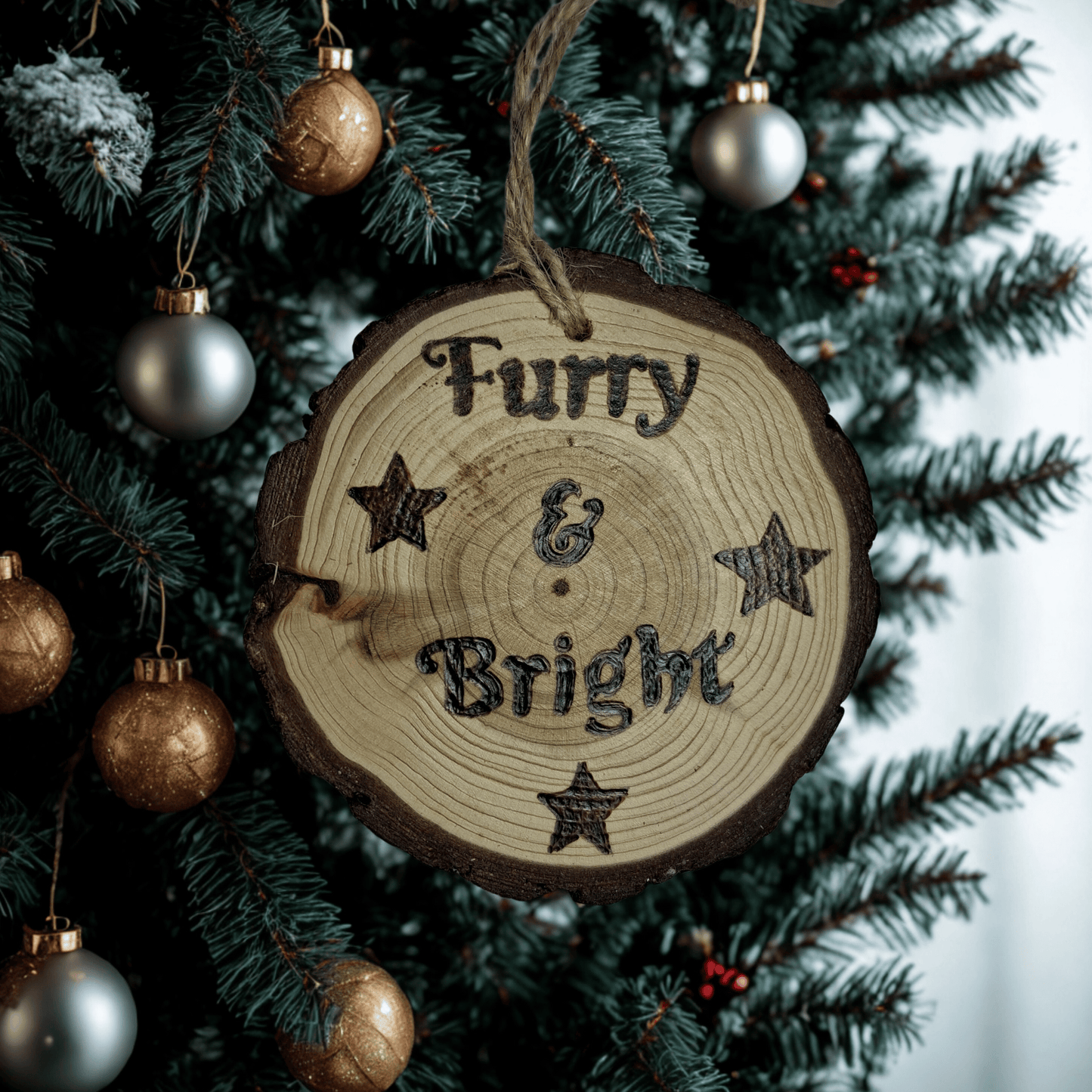 
A close-up of a Christmas ornament on a black background. The ornament is a round wooden log slice with a jute rope for hanging. The front of the log slice is decorated with a pyrography design featuring the text "Furry & Bright" surrounded by four stars.