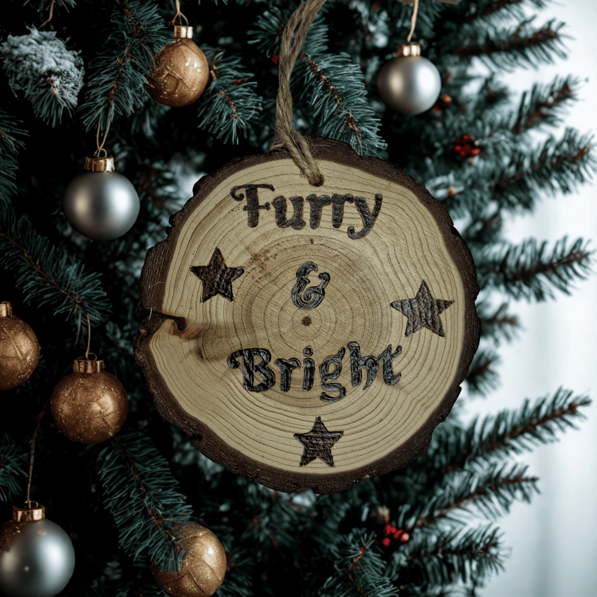 
A close-up of a Christmas ornament on a black background. The ornament is a round wooden log slice with a jute rope for hanging. The front of the log slice is decorated with a pyrography design featuring the text "Furry & Bright" surrounded by four stars.