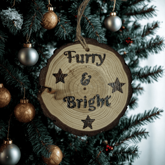 
A close-up of a Christmas ornament on a black background. The ornament is a round wooden log slice with a jute rope for hanging. The front of the log slice is decorated with a pyrography design featuring the text "Furry & Bright" surrounded by four stars.
