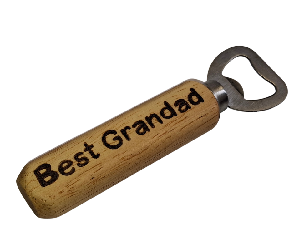 Custom hand-burnt bottle opener featuring a chrome opener and "Best Grandad" lettering