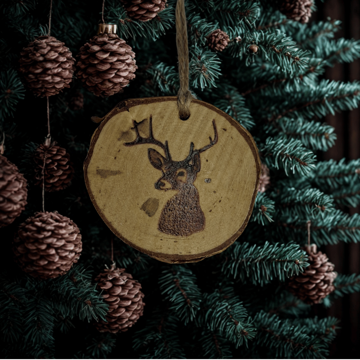 A small Christmas ornament, a wooden log slice with a jute rope for hanging, is centered against a black background. The log slice is decorated with pyrography, featuring a bust of a deer with antlers. The deer's body is filled in with a dark, textured pattern.