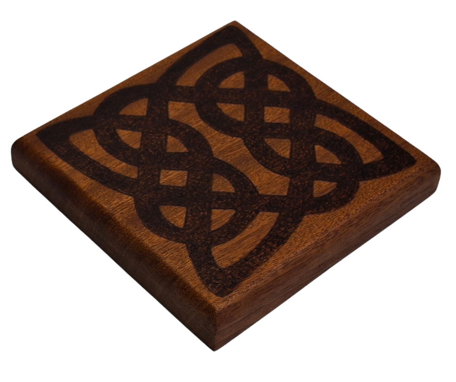 Sapele coaster with Celtic pattern burnt into the wood