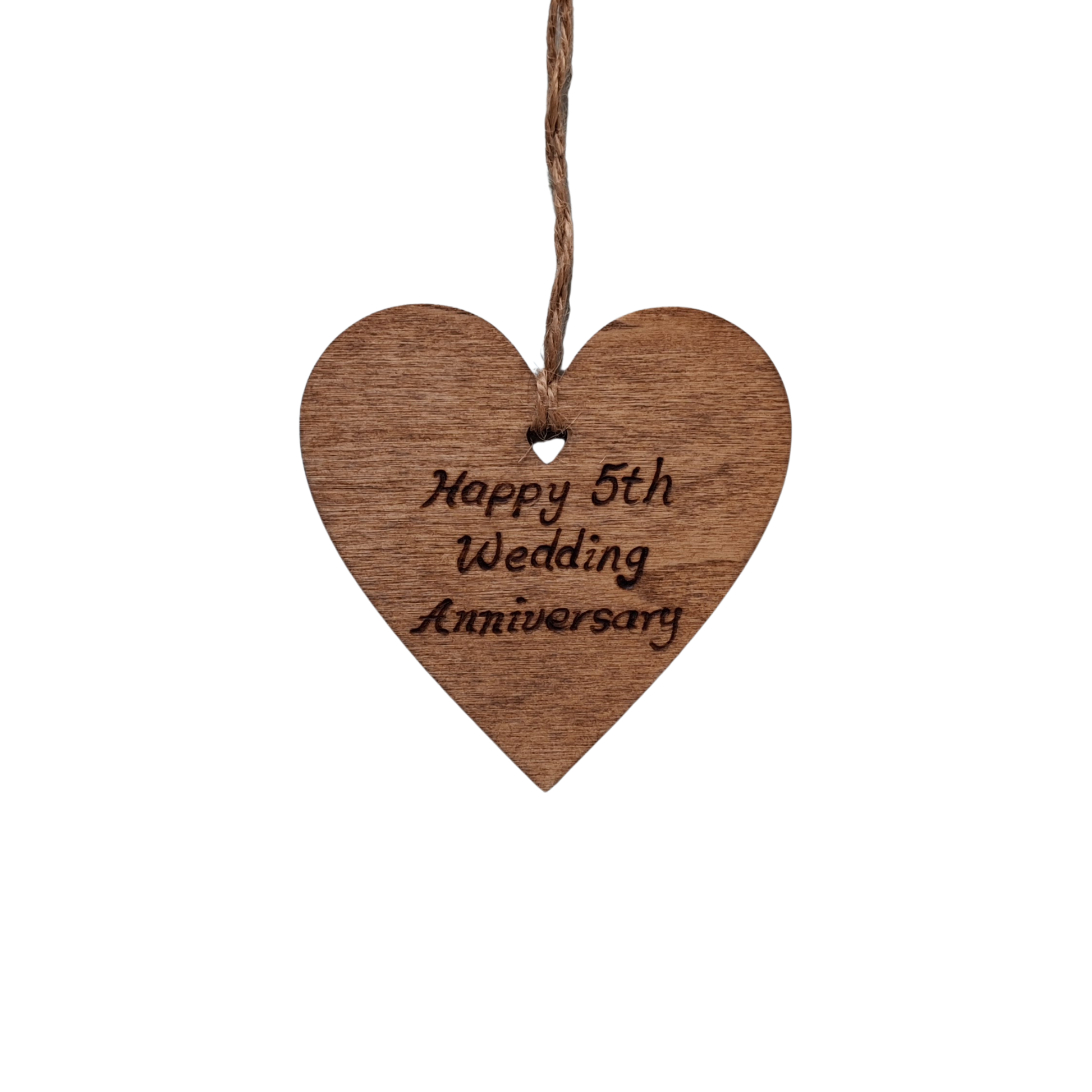 Wooden heart-shaped ornament with 'Happy 5th Wedding Anniversary' engraved text and natural jute string for hanging