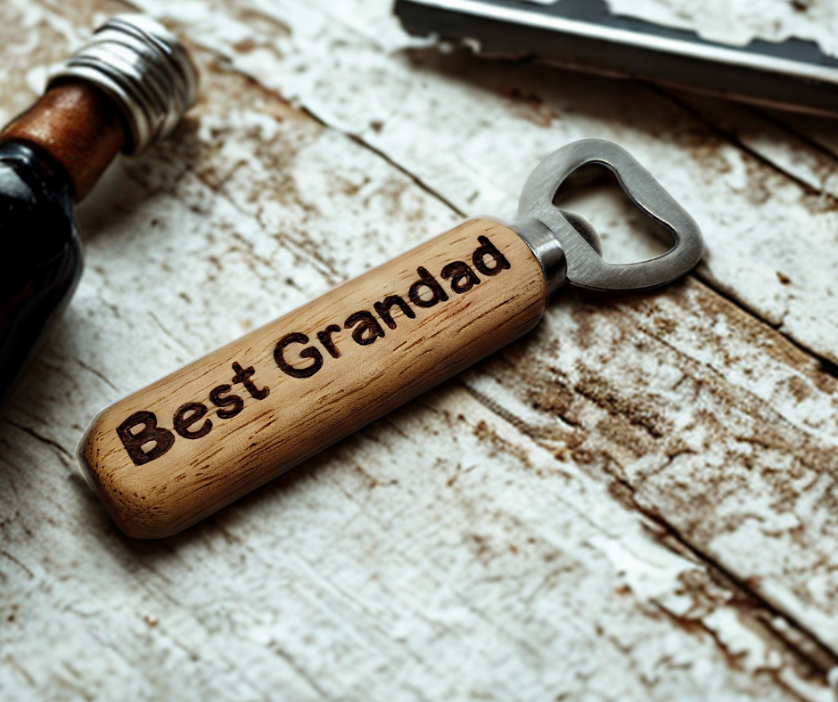Custom hand-burnt bottle opener featuring a chrome opener and "Best Grandad" lettering
